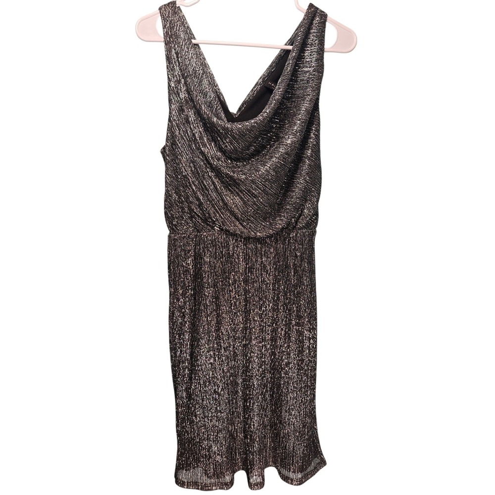 Halston Heritage Silver Metallic Disco Cowl Neck Mini Cocktail Dress‎ Small Glam